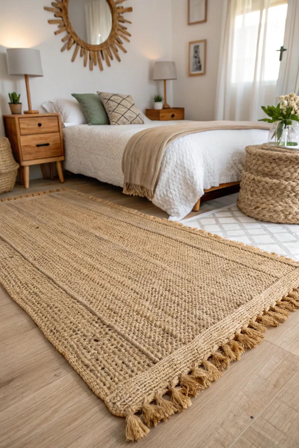 A natural fiber rug adds earthy texture to the bedroom.