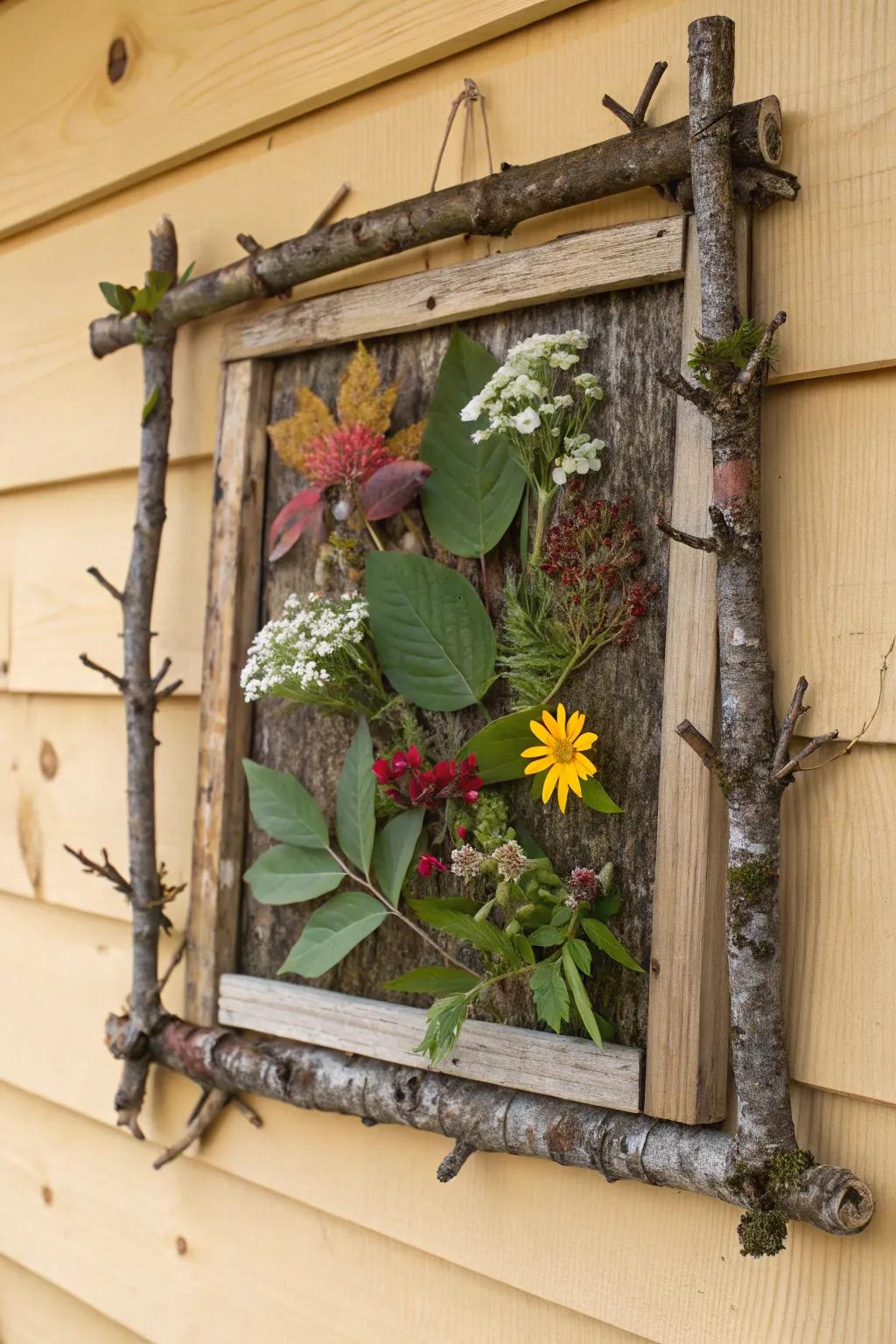 A woodland border collage employing slender branches and tree bark.
