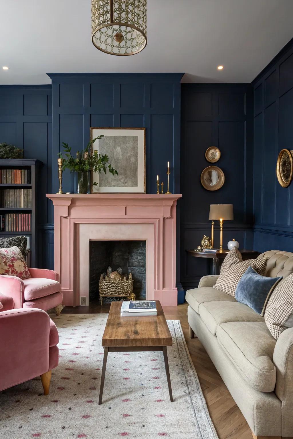 A rose fireplace serves as a bold focal point in the living room.