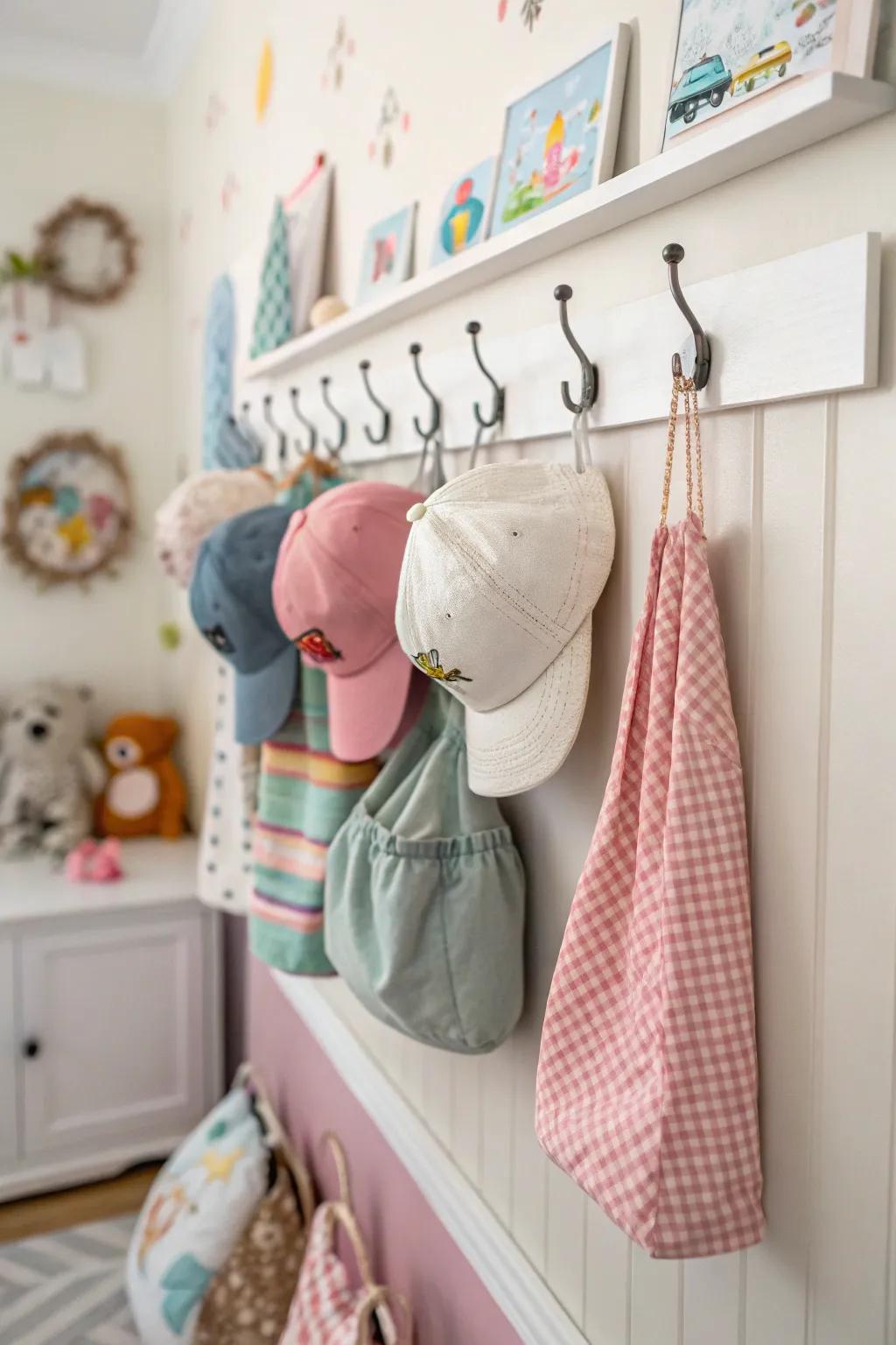 Wall hooks in the nursery for effective vertical storage.