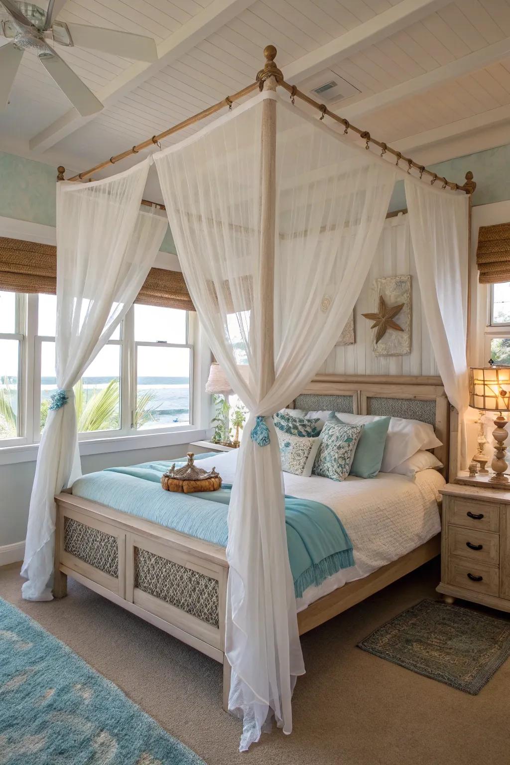 A canopy bed can create a dreamy, beachside ambiance.