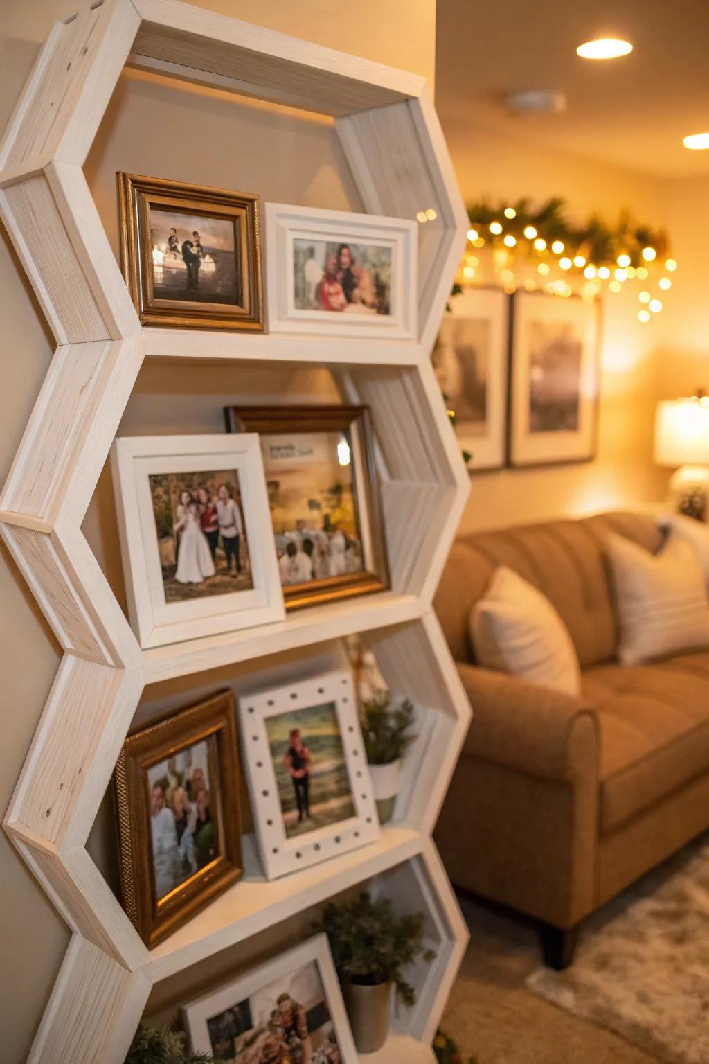 Family portraits bring coziness to octagon displays.