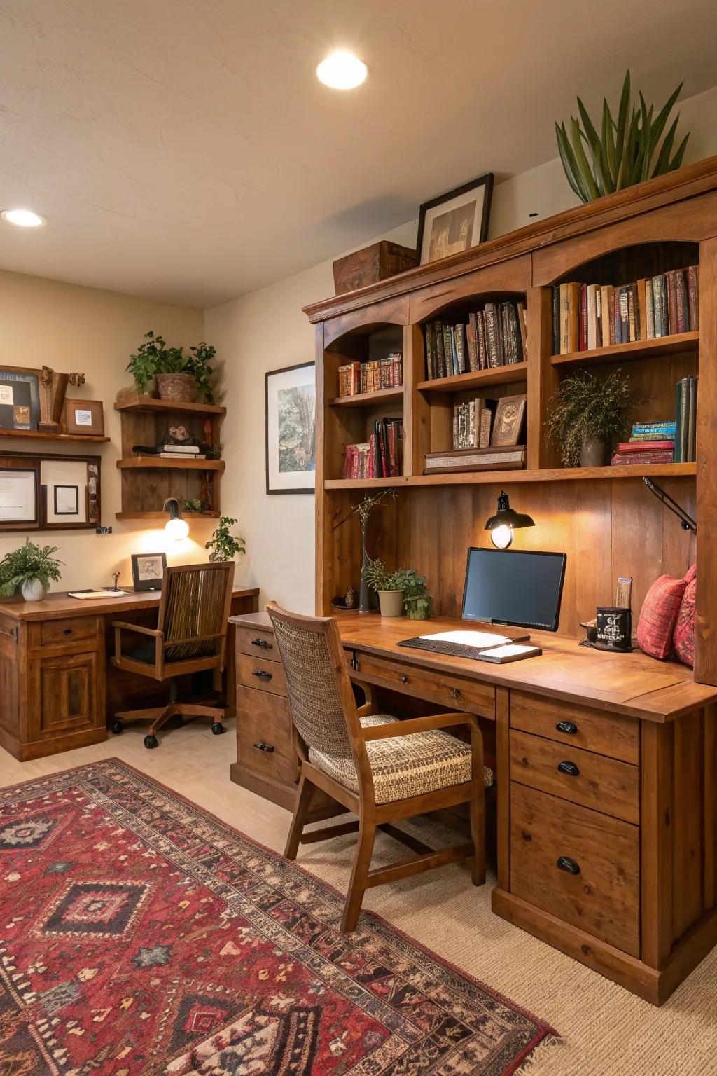 Add warmth by using rustic charm within your office retreat.