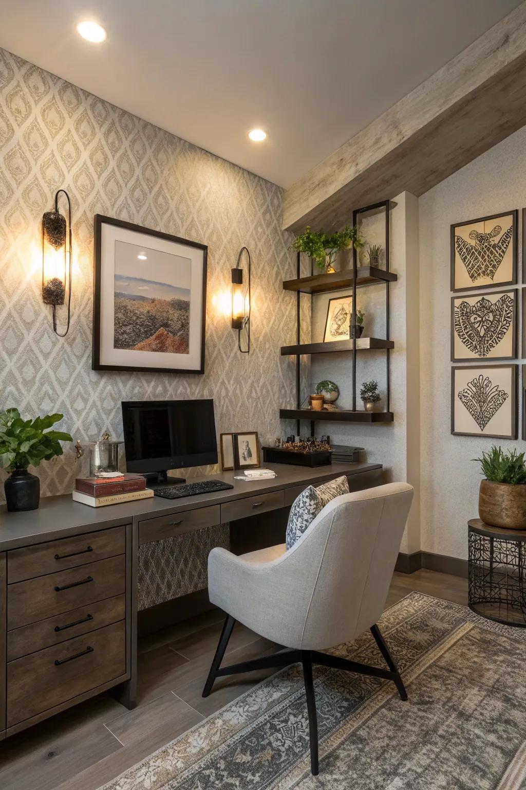 Wall lights add depth and highlight building features.