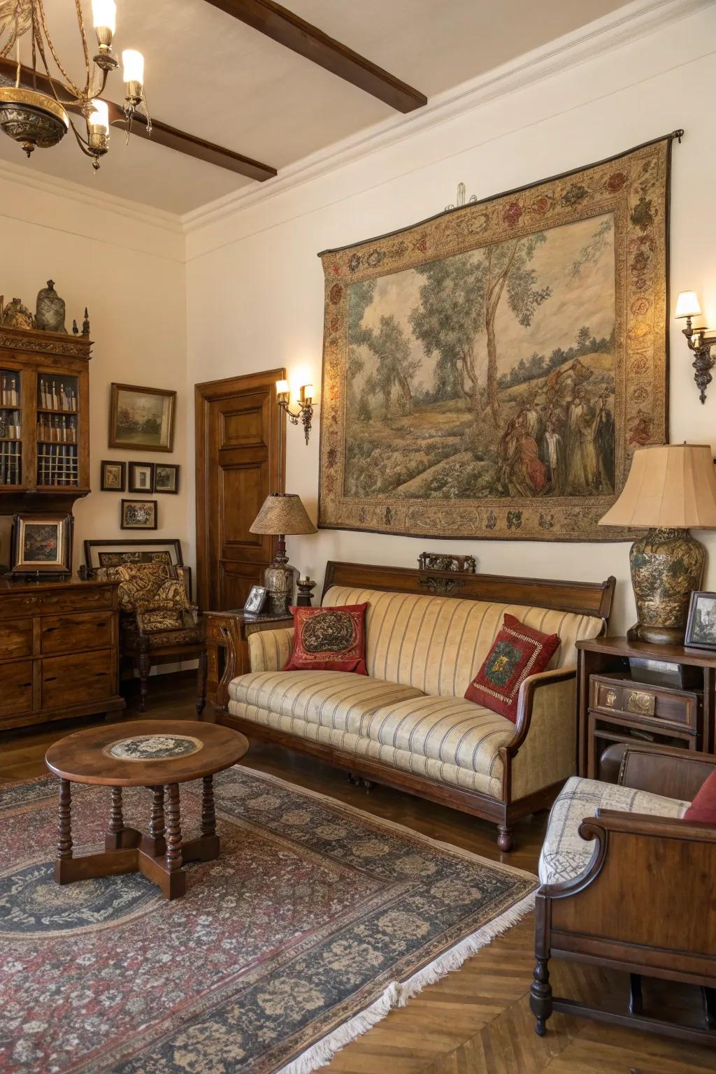 Vintage wall art creates a focal point.