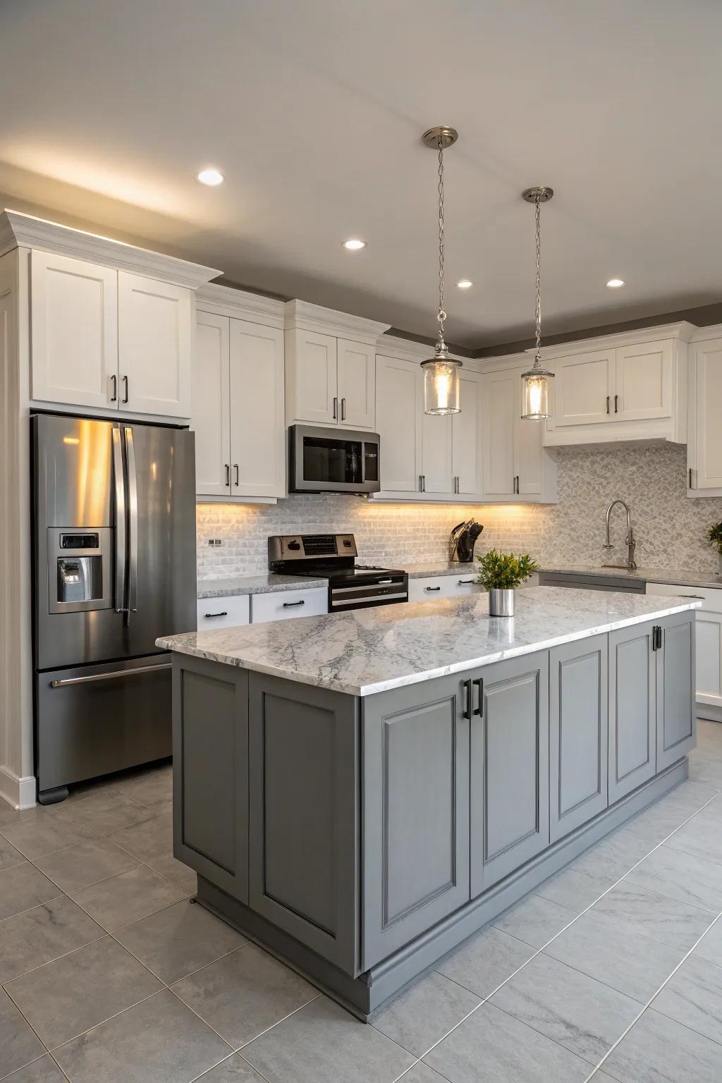 A monochromatic palette imparts a calm and roomy feeling to the kitchen.
