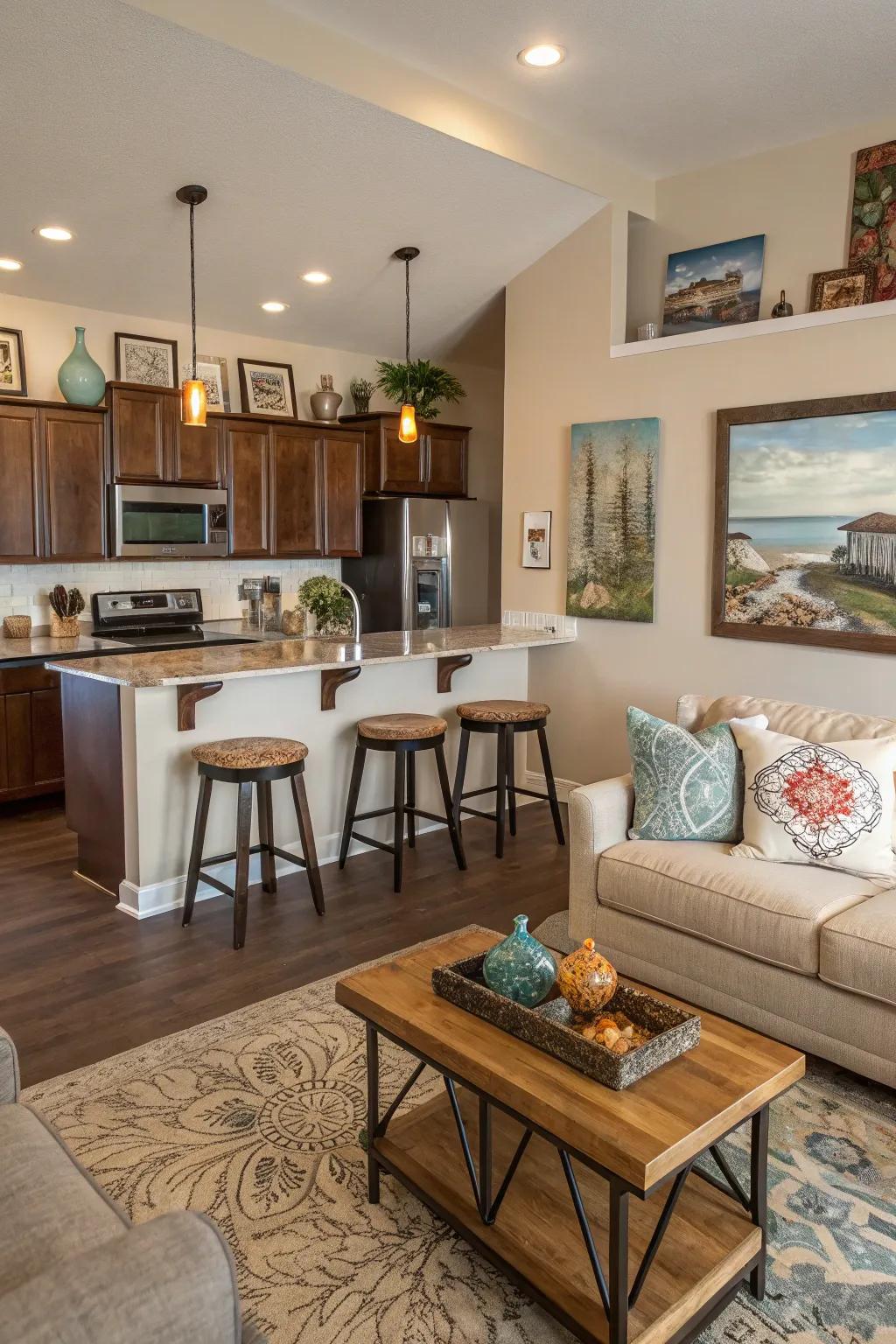 Individual embellishments render an open-concept space uniquely yours.