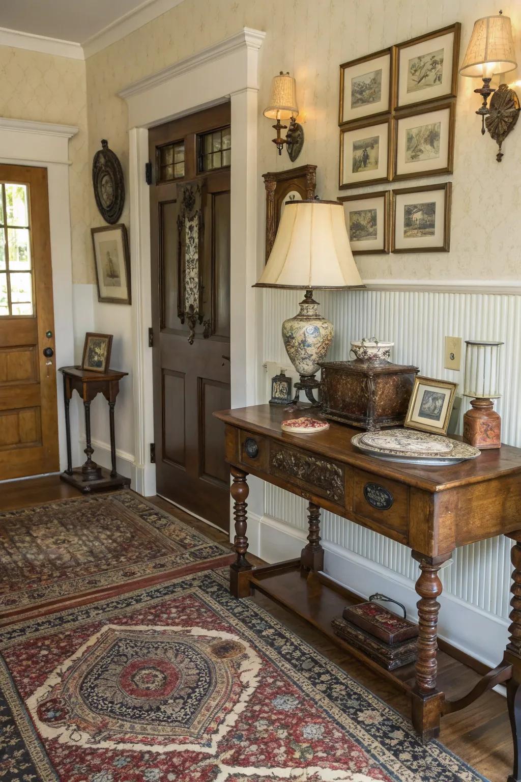 Time-honored collectibles bring charm and a sense of heritage into the entryway.