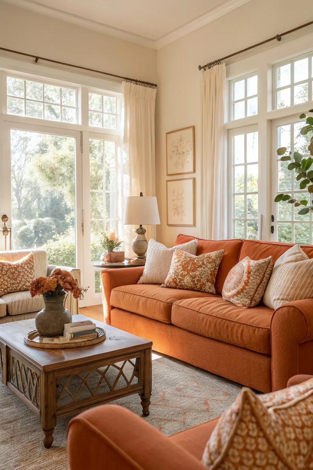 A balanced living room featuring an array of orange and neutral decorations.