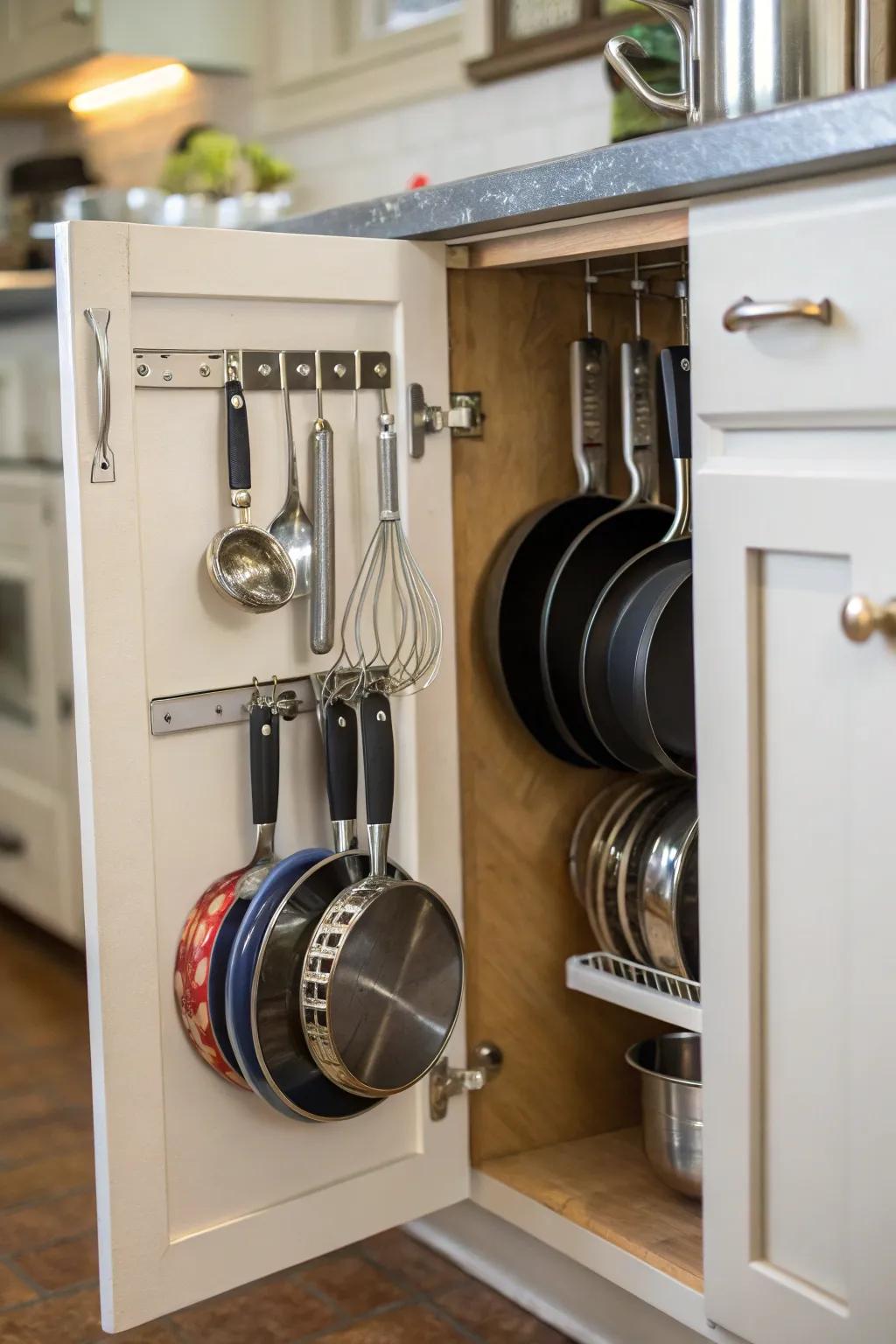 Pegs inside a cupboard door making the most of storage space.