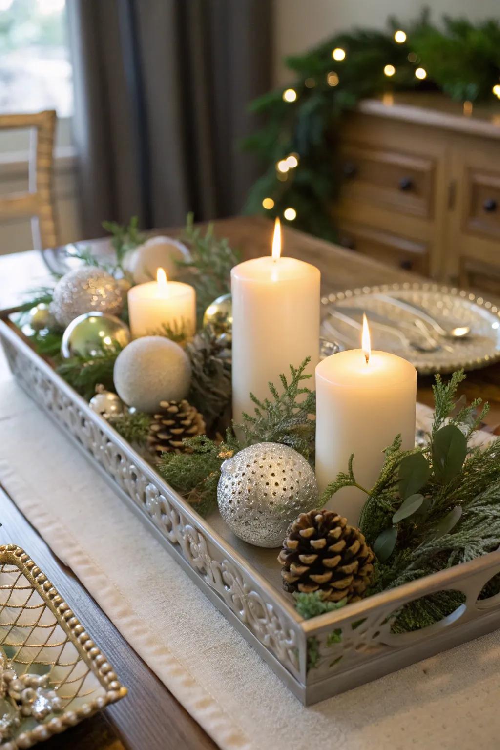 A fashionable centerpiece featuring a styling platter of ornaments.