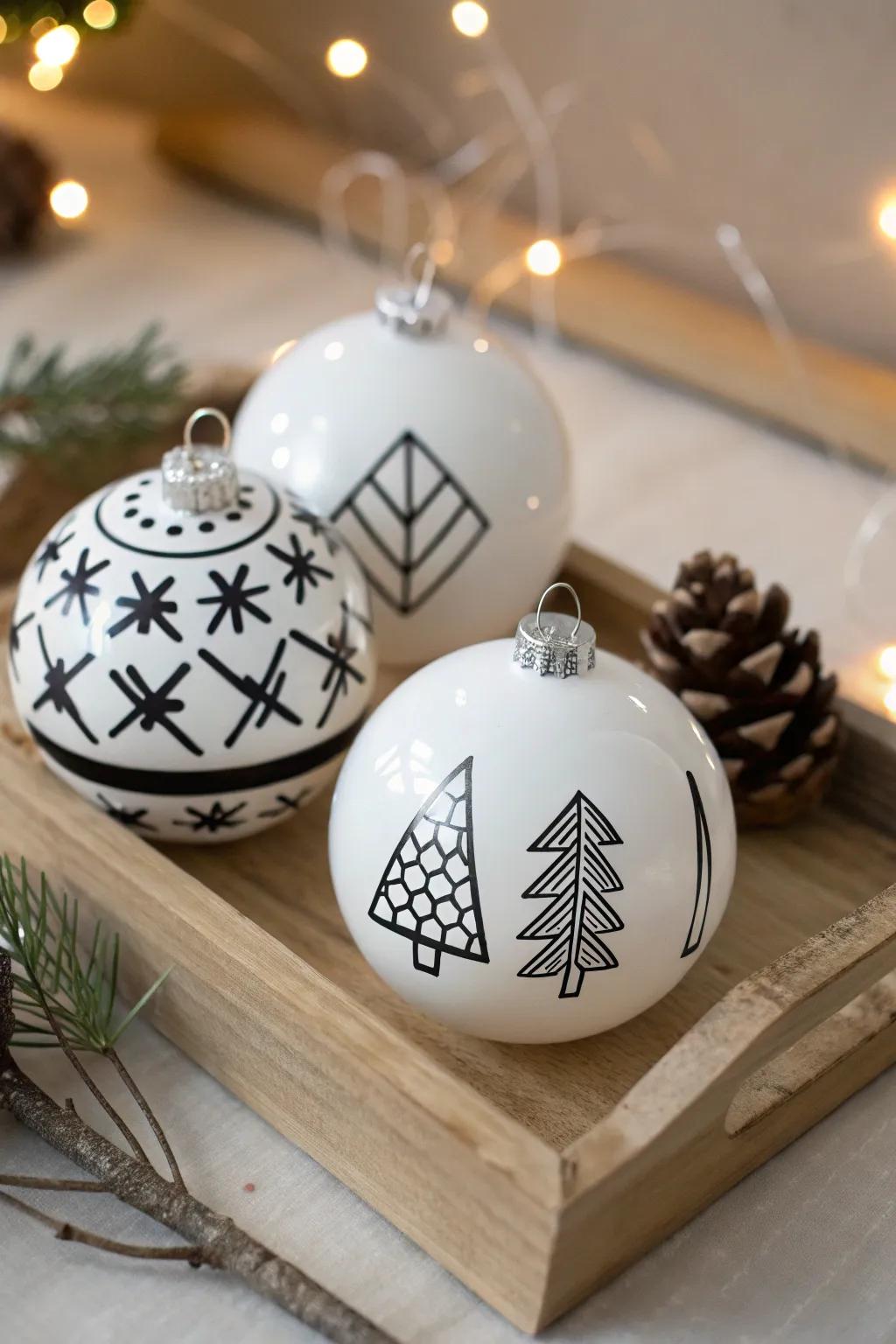 Minimalist monochromatic baubles offer sleek sophistication.