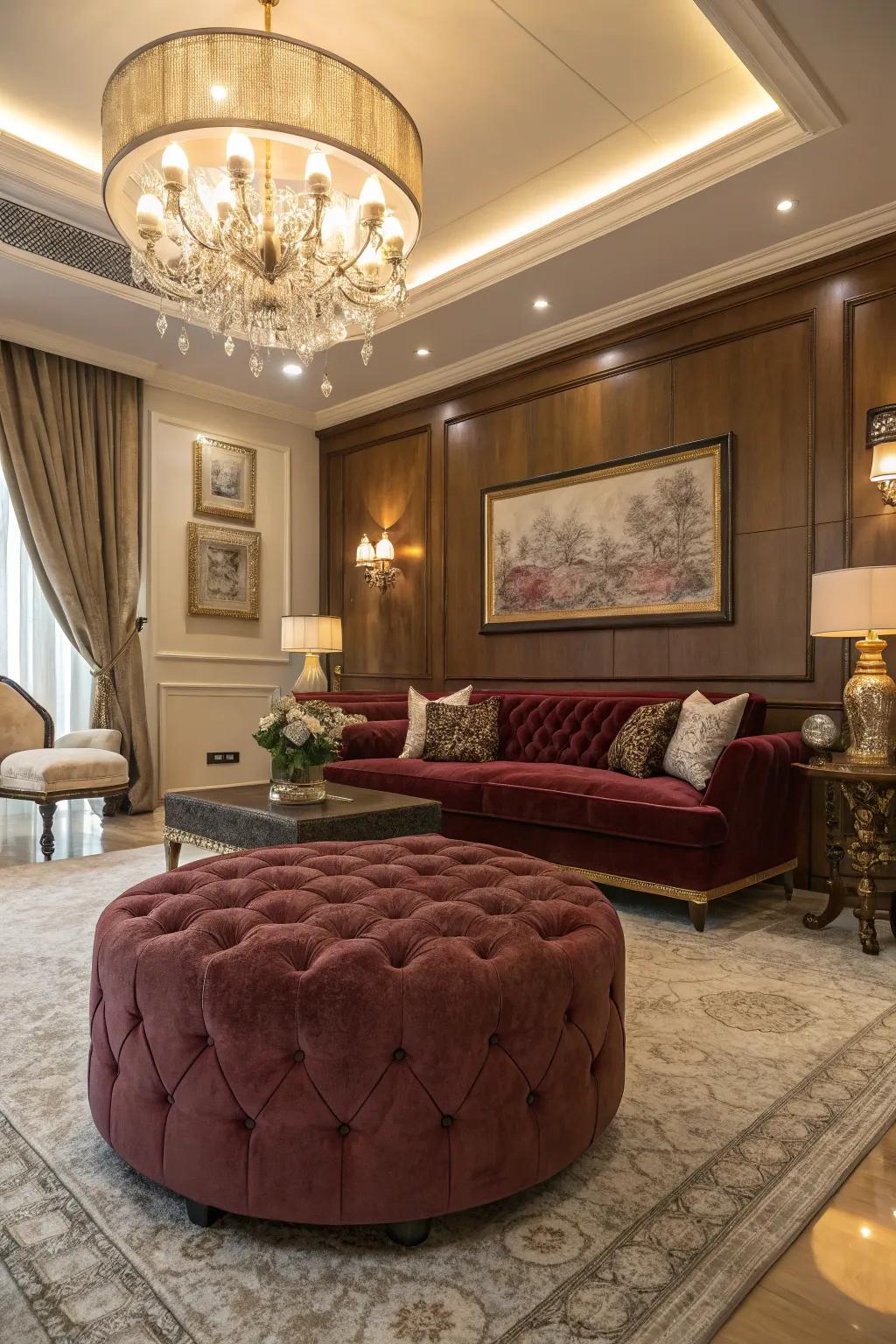 A velvet ottoman adds a luxurious feel to a glam-inspired room.
