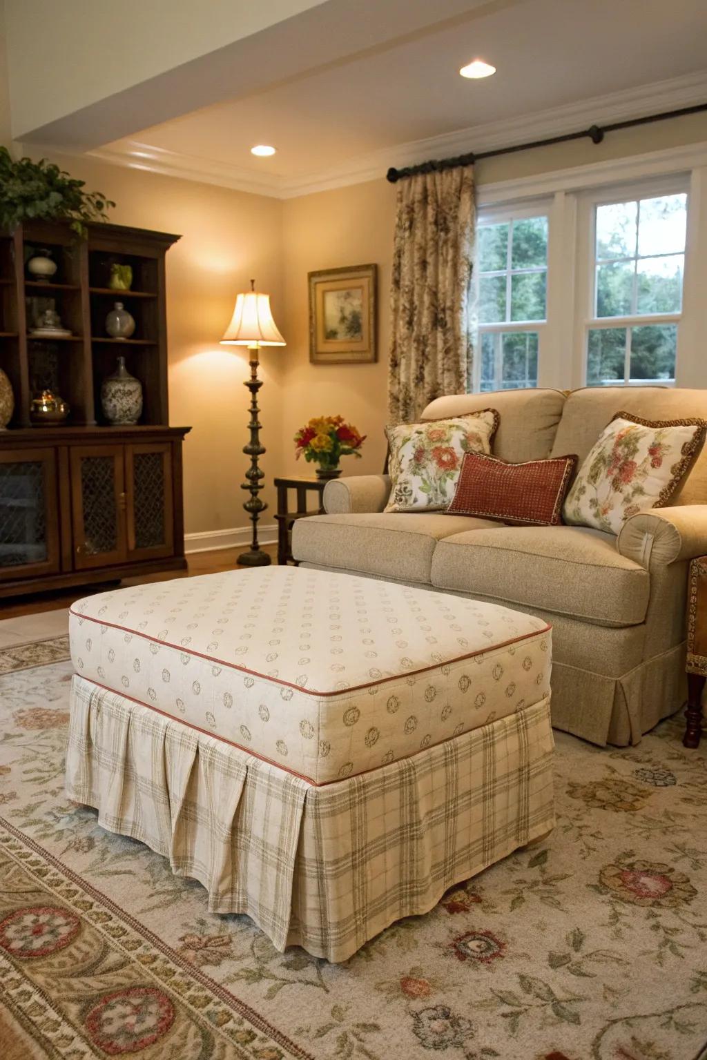 Seasonal slipcovers give this footrest a fresh appearance.