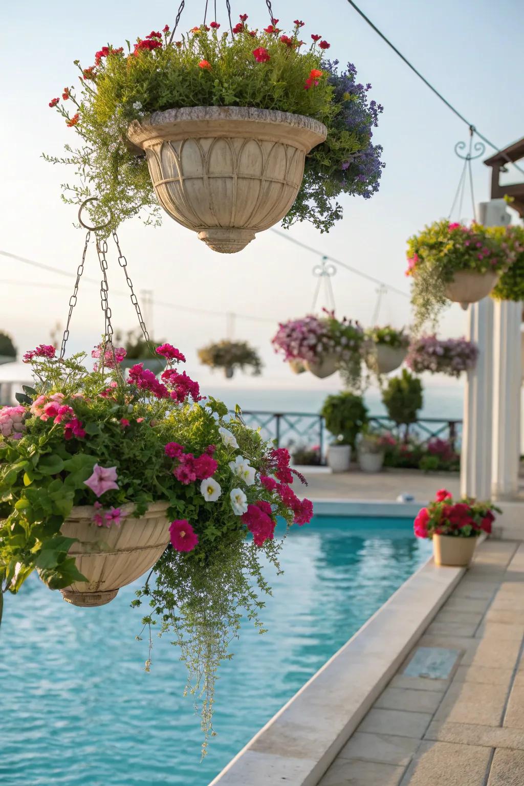 Suspended planters incorporate vertical interest and lively color.