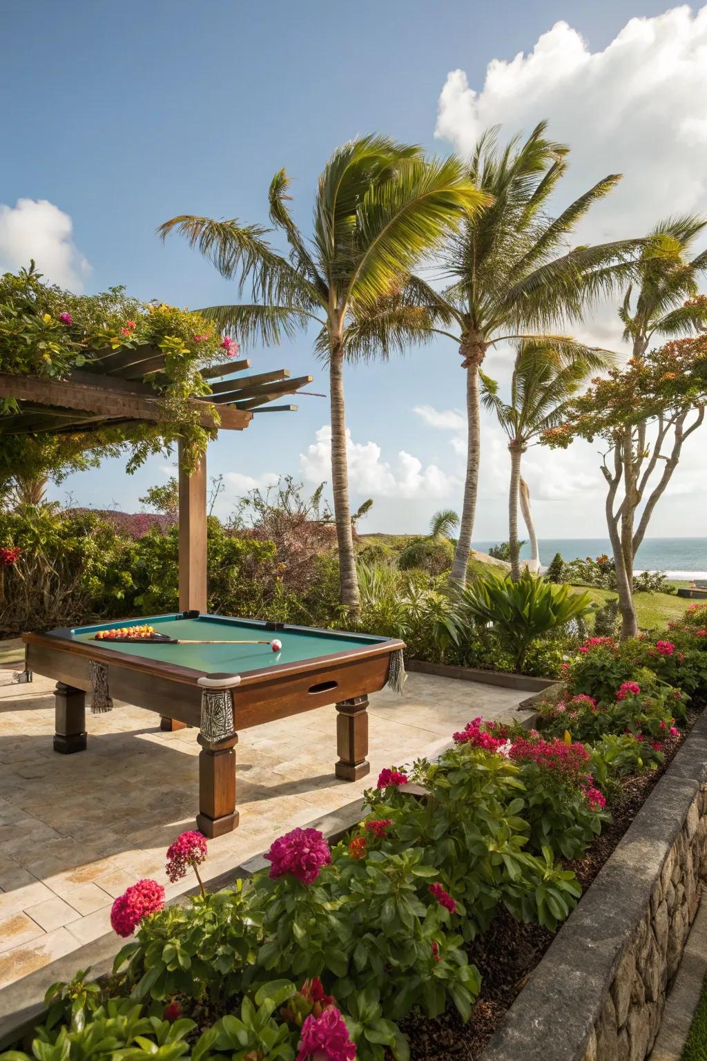 A tropical-themed game table area filled with abundant, vibrant greenery.