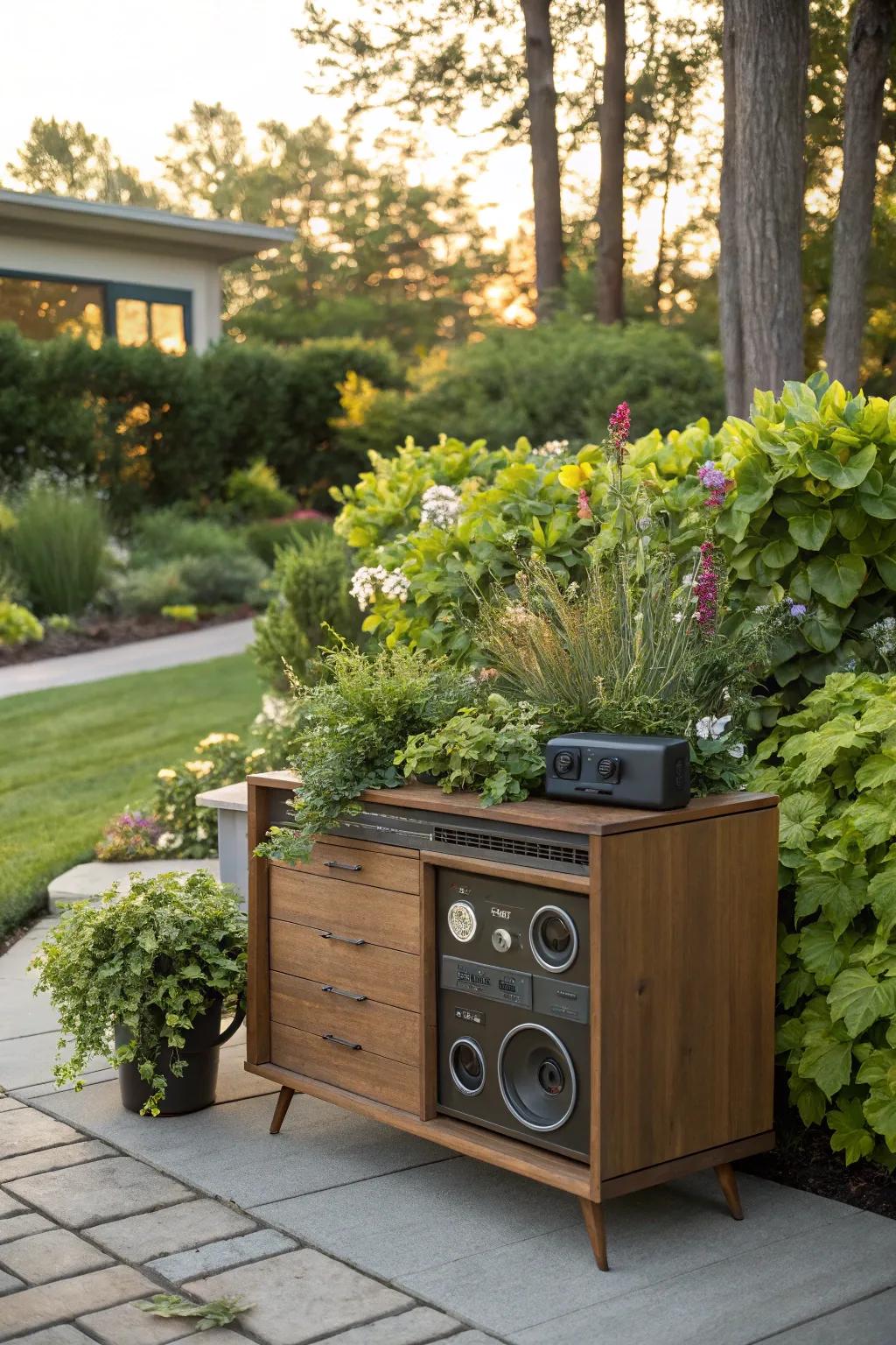 Planter-style cases cleverly conceal audio equipment within garden decor.