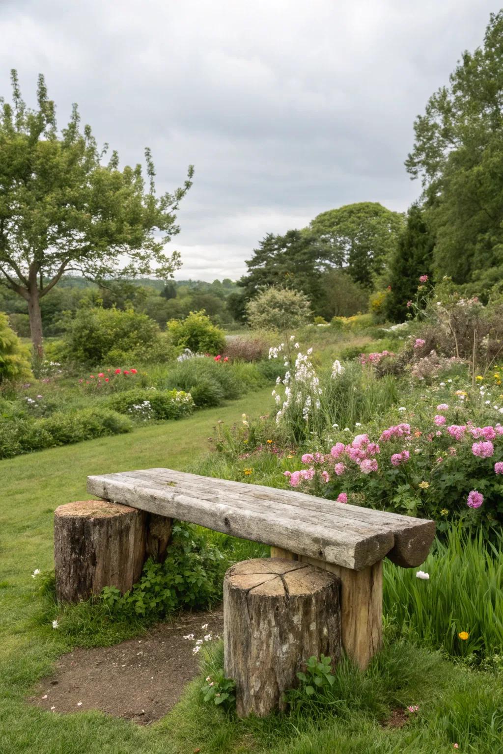 A garden seat from stumps offers a tranquil spot to sit.