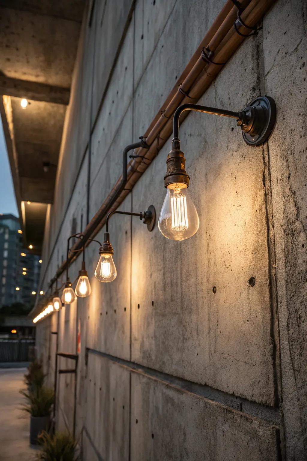 Exposed bulbs provide an industrial edge to outdoor illumination.