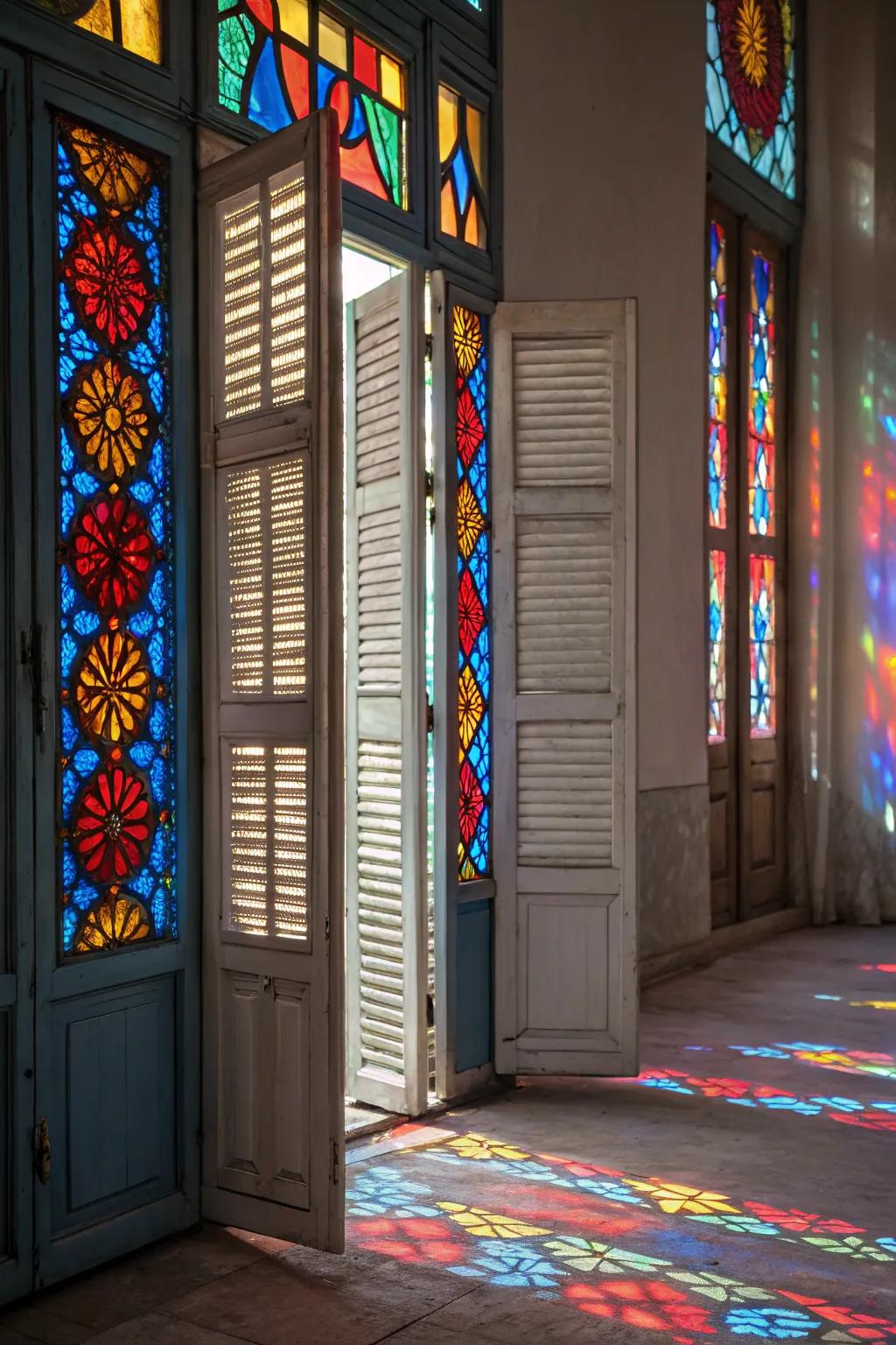 Shutters featuring stained glass inserts.