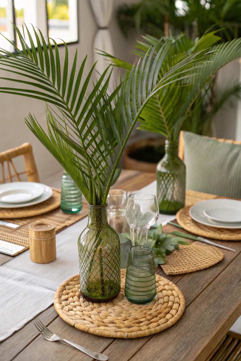 Eco-conscious materials harmonize with tropical fronds for a chic visage.