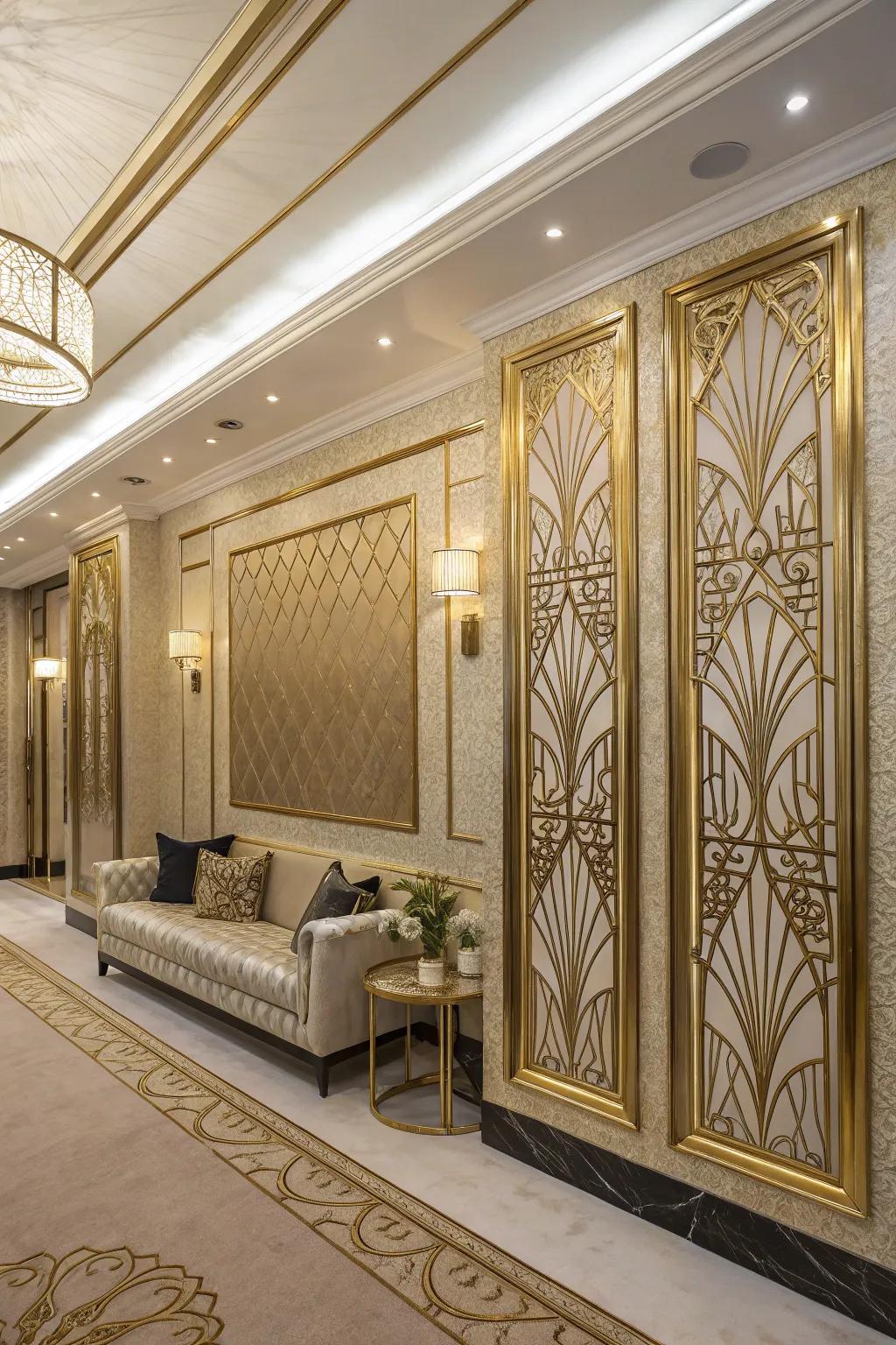 Room showcasing glamorous Art Deco panel designs.