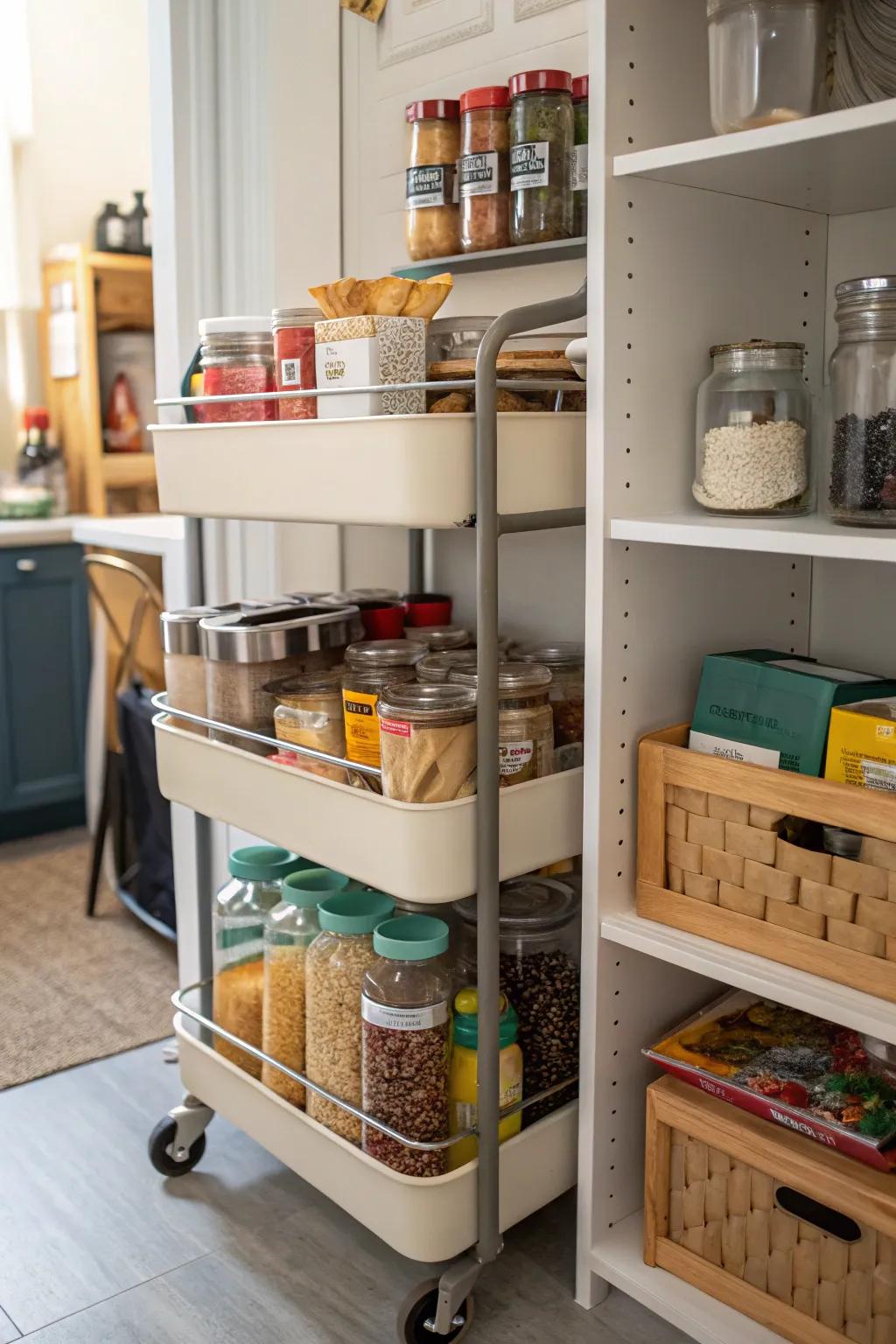 A pantry featuring a mobile organizer for flexible storage.