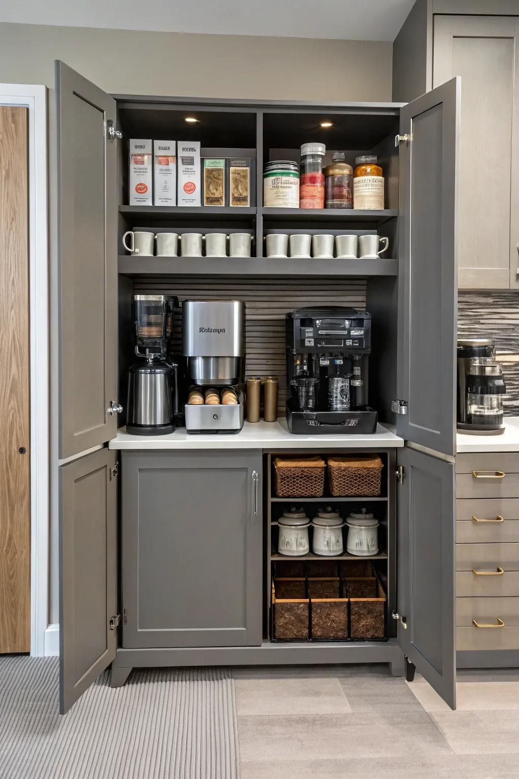 A hidden coffee bar stylishly maintains essentials out of sight.