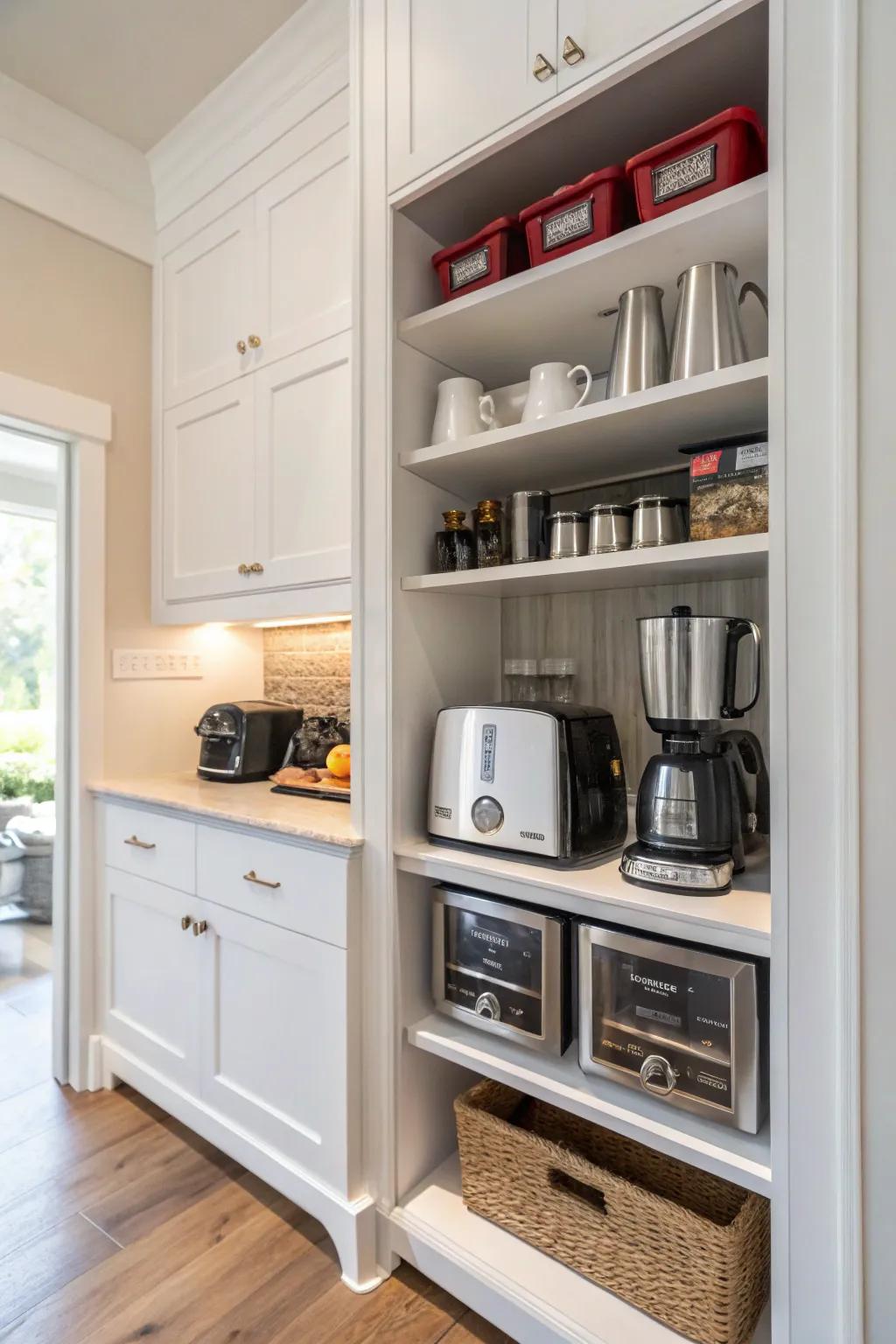 Integrated cupboards inside a pantry maintain small appliances organized and accessible.