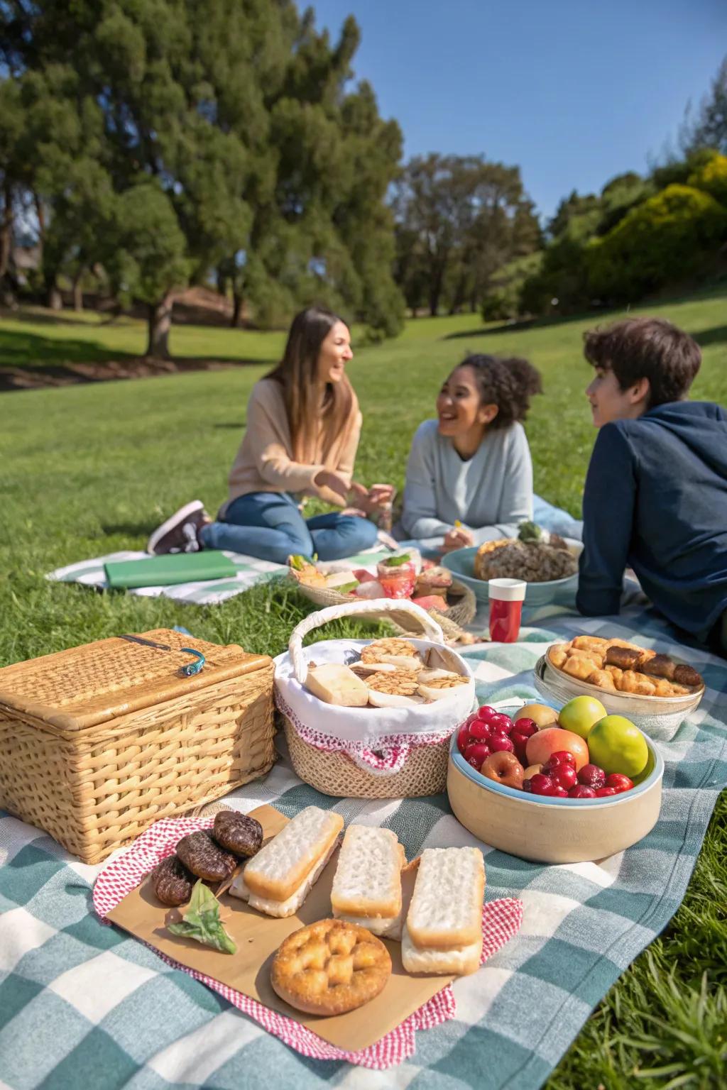 Teens enjoying a picnic in a beautiful park.