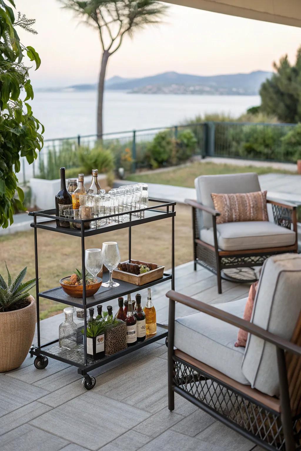 A drinks trolley introduces style and practicality to outdoor entertaining.