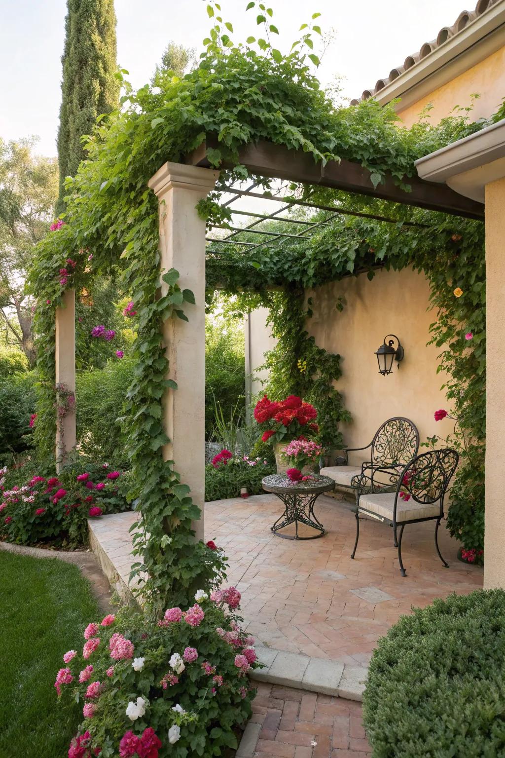 A small patio gains structure and shade from a pergola.
