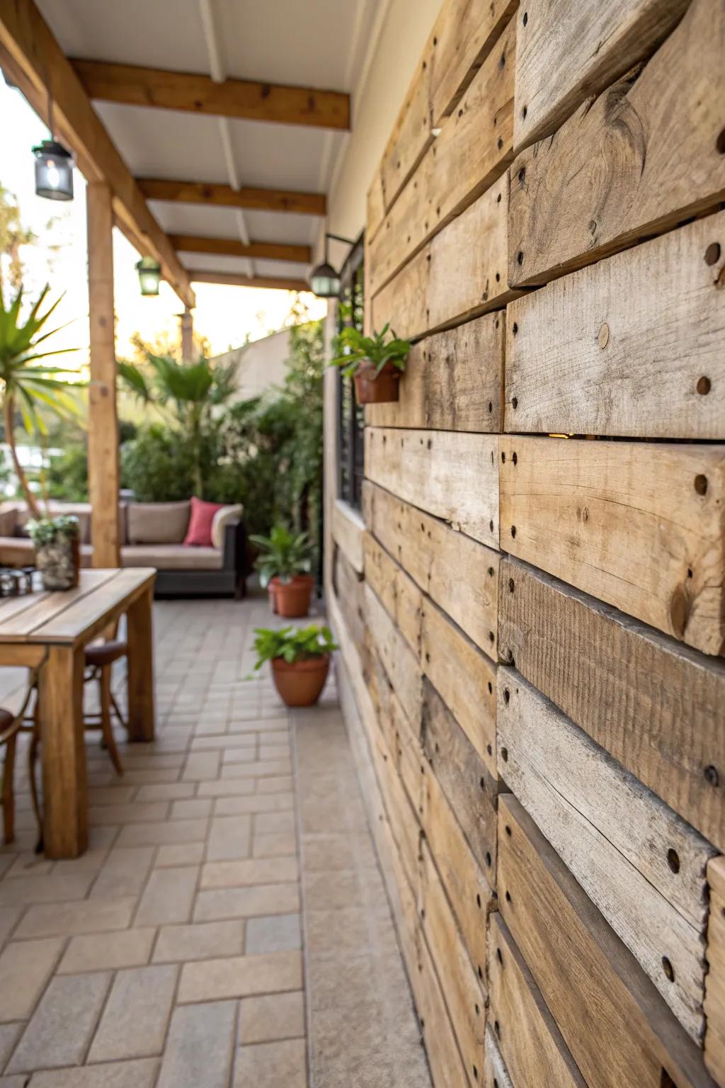 A country patio wall crafted from re-purposed timber skids.