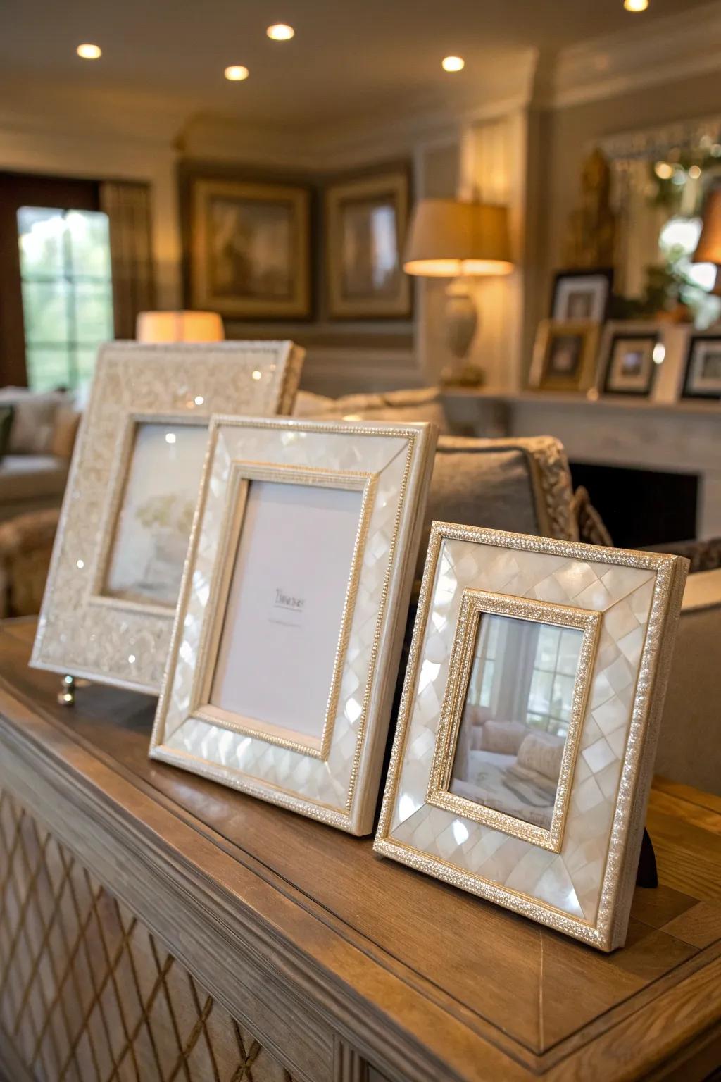 Cherish memories with sophisticated gemmed photo frames.