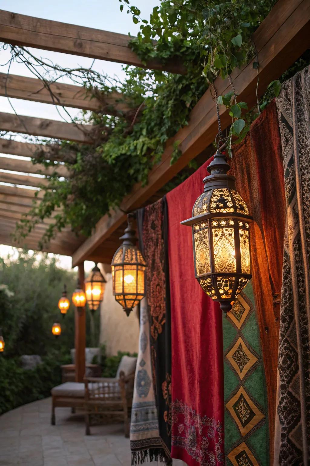 Middle-Eastern elements add an exotic touch, making an inviting and cozy area.