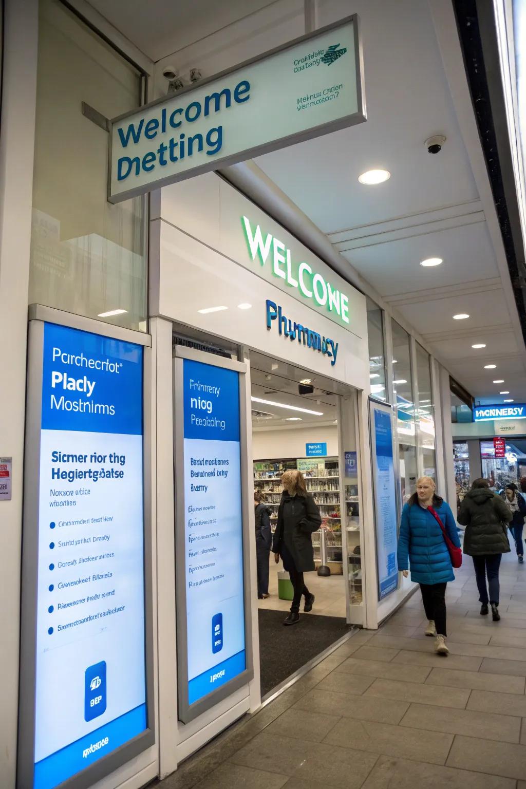 Drugstore customers being welcomed by digital signage