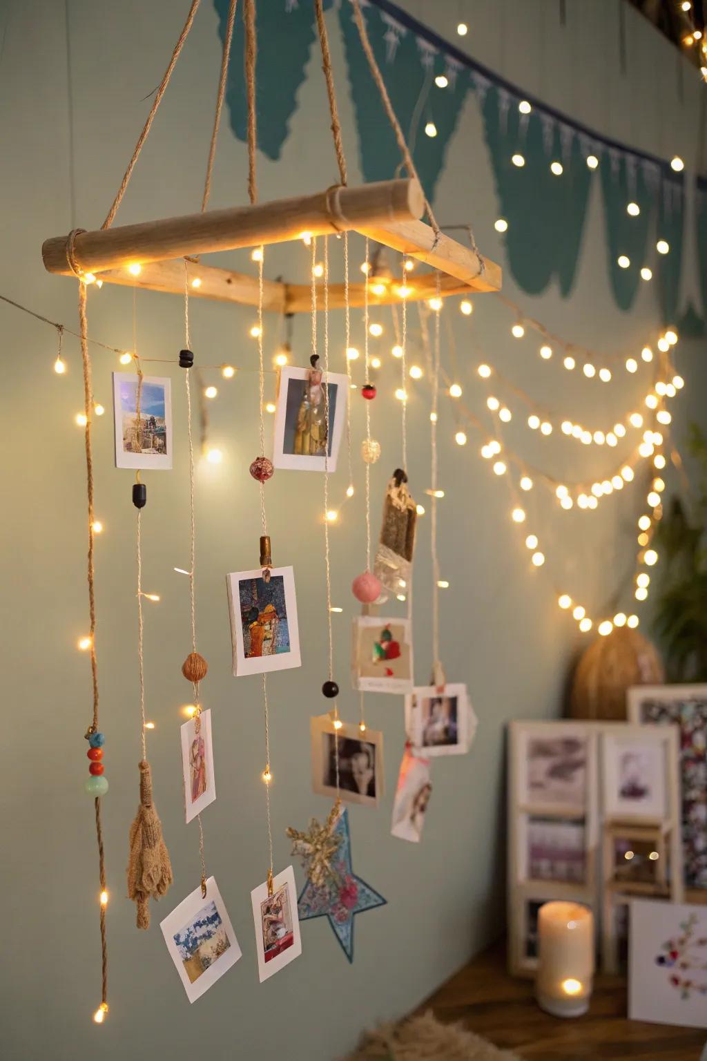 Swinging photo hangers with lights add a playful, artistic accent.