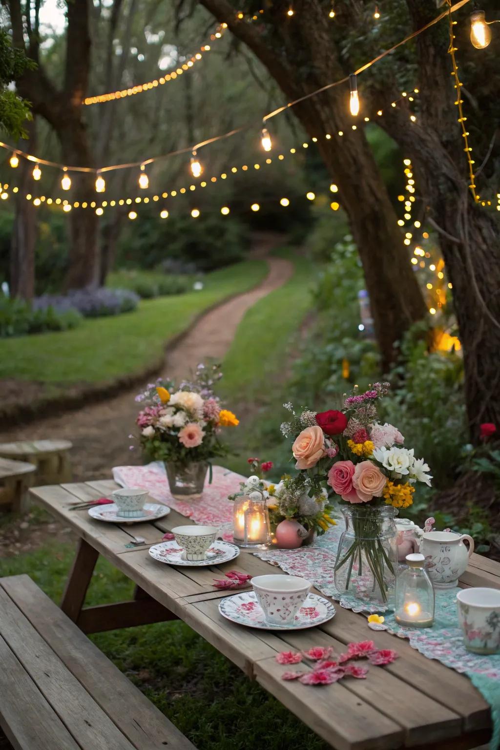 A whimsical garden fairy tale theme brings a playful touch to this picnic table.