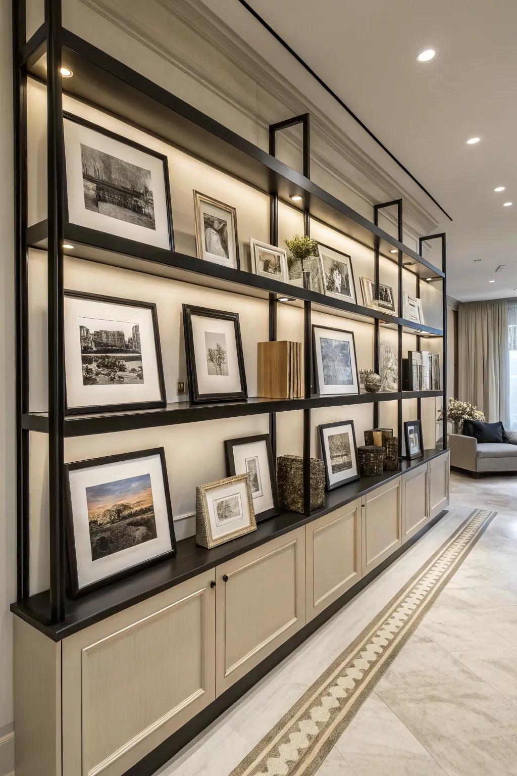 Monochrome themed display ledges radiate elegance.