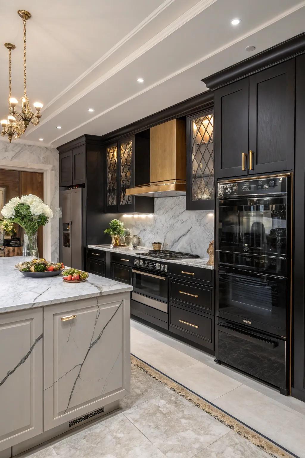 Stone and dark appliances bring luxury to the cooking space.