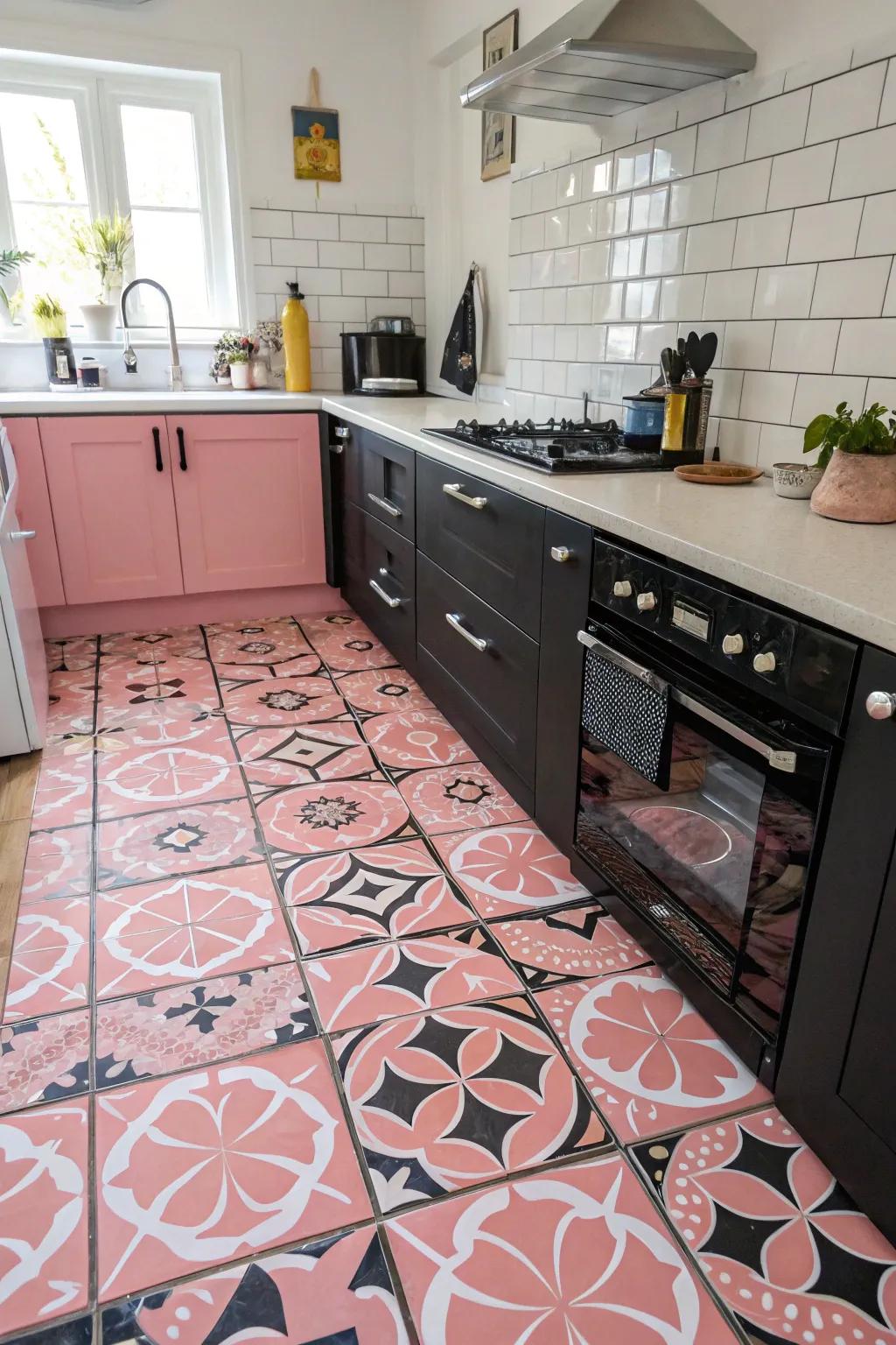 Unique tile designs enhance the cooking area's visual interest.