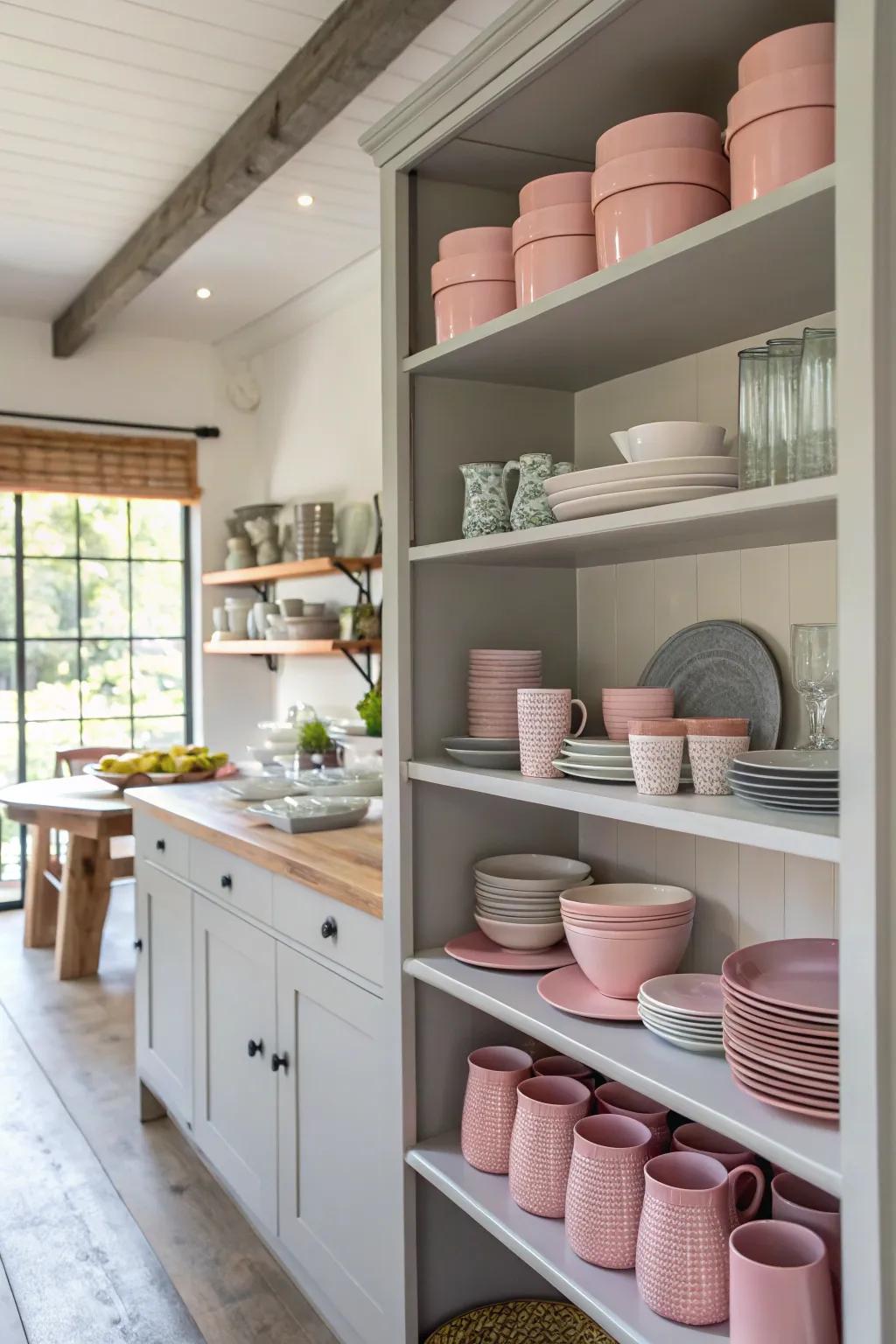 Wall displays in rose and grey for stylish storage.