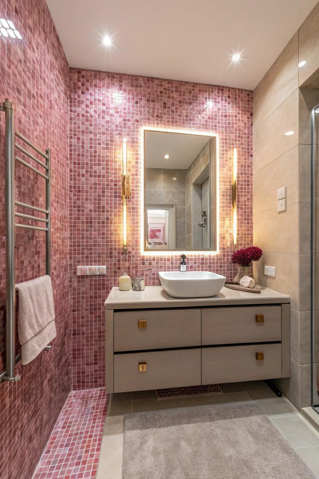 Rose mosaic tiles introduce intricate detail.