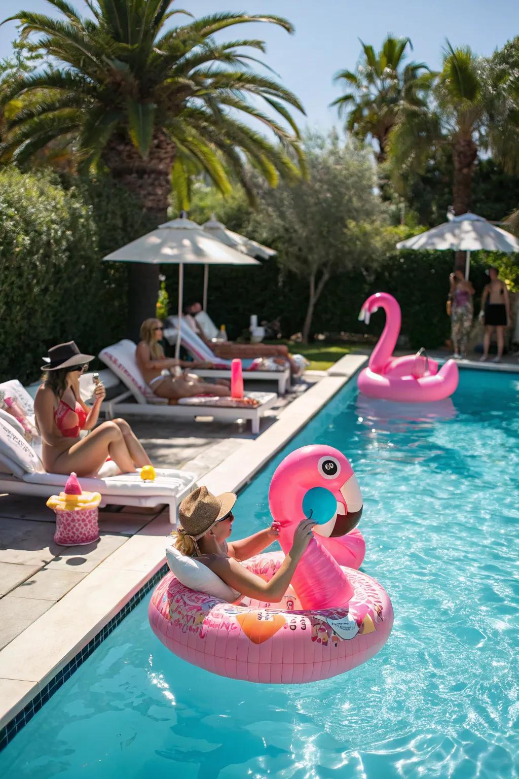 Flamingo floats add a playful pink touch to poolside celebrations.