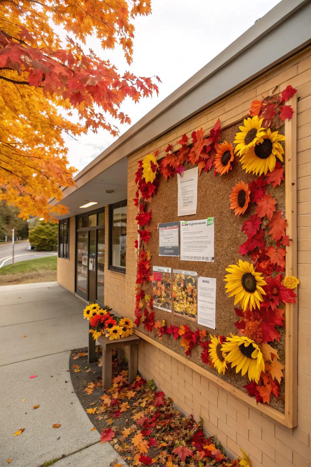 A display board themed around sunflowers, infusing brilliance into fall embellishments.