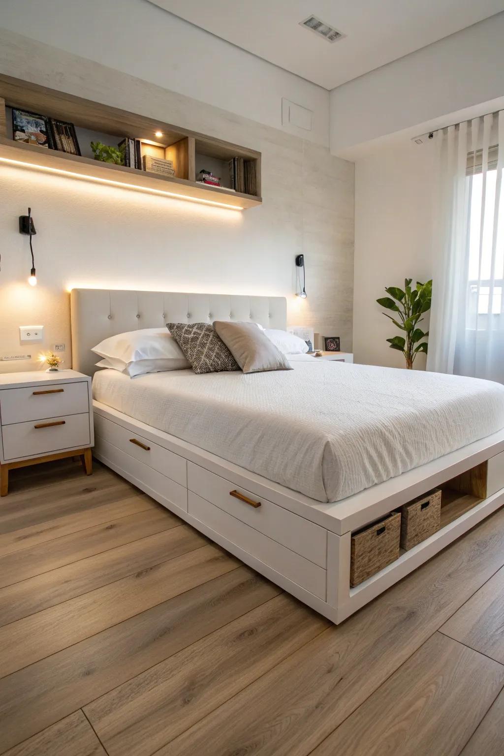 Built-in nightstands simplify bedroom organization.