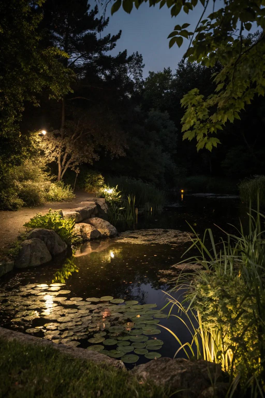 Illumination characteristics highlight the pond's beauty and build a captivating evening ambiance.