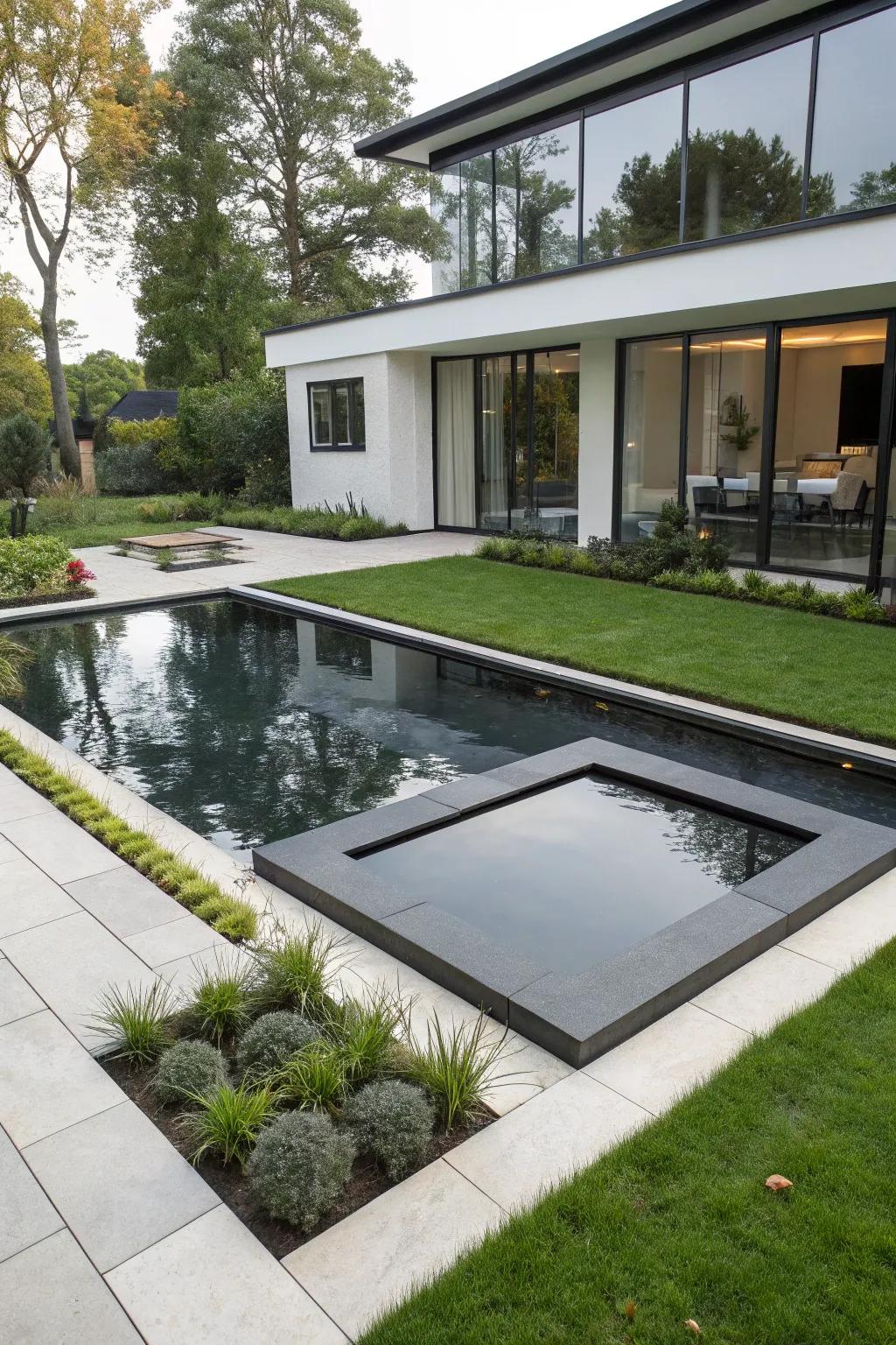 A sleek, modern pond showcasing a geometrically influenced design in a contemporary outdoor space.