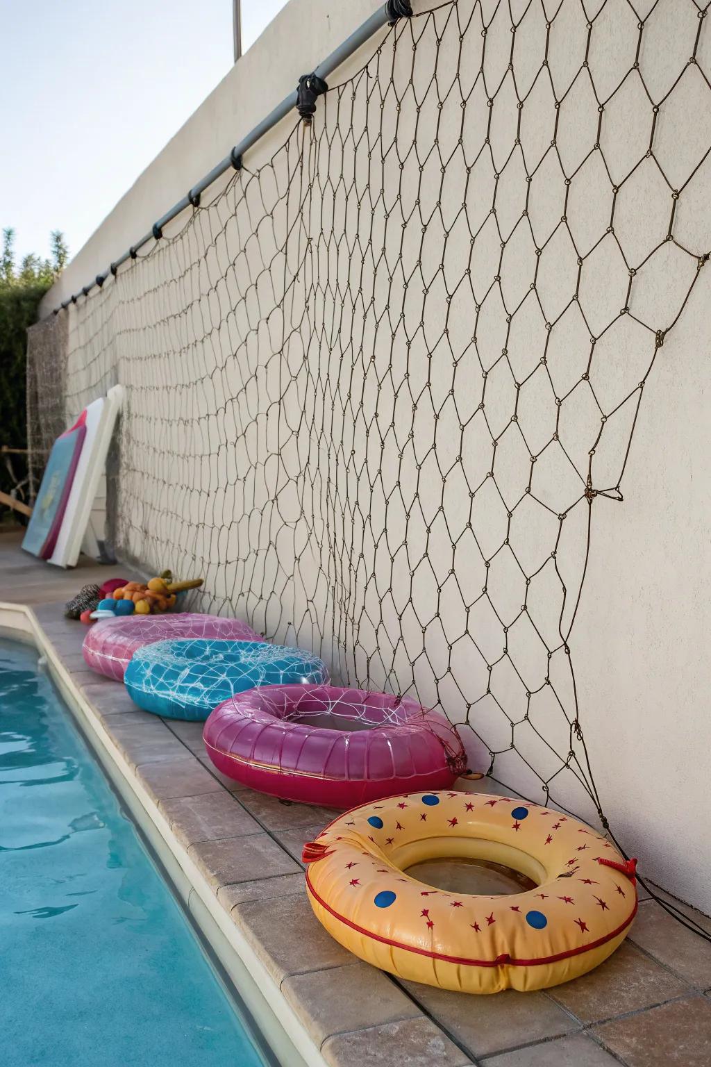 Bungee string nets furnish a versatile storage resolution for pool toys.