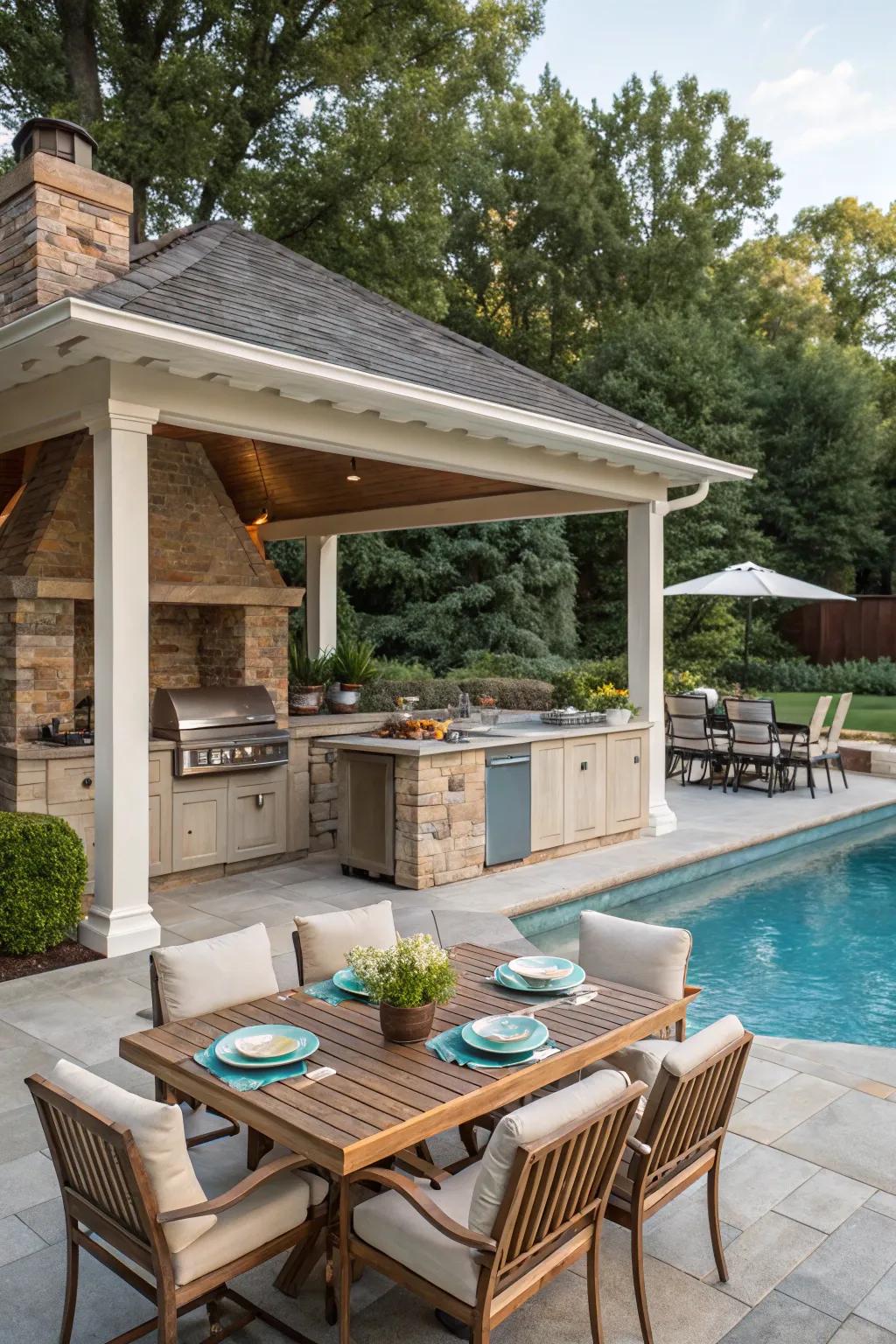 A pool house equipped with an enjoyable outdoor kitchen setup.